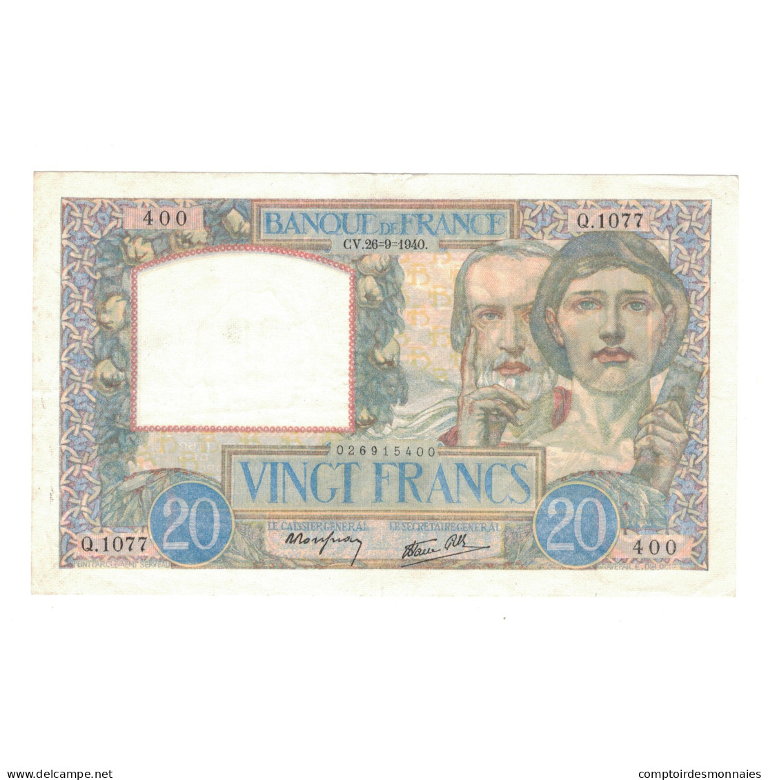 France, 20 Francs, Science Et Travail, 1940, Q.1077, TTB+, Fayette:12.7, KM:92a - 20 F 1939-1942 ''Science Et Travail''