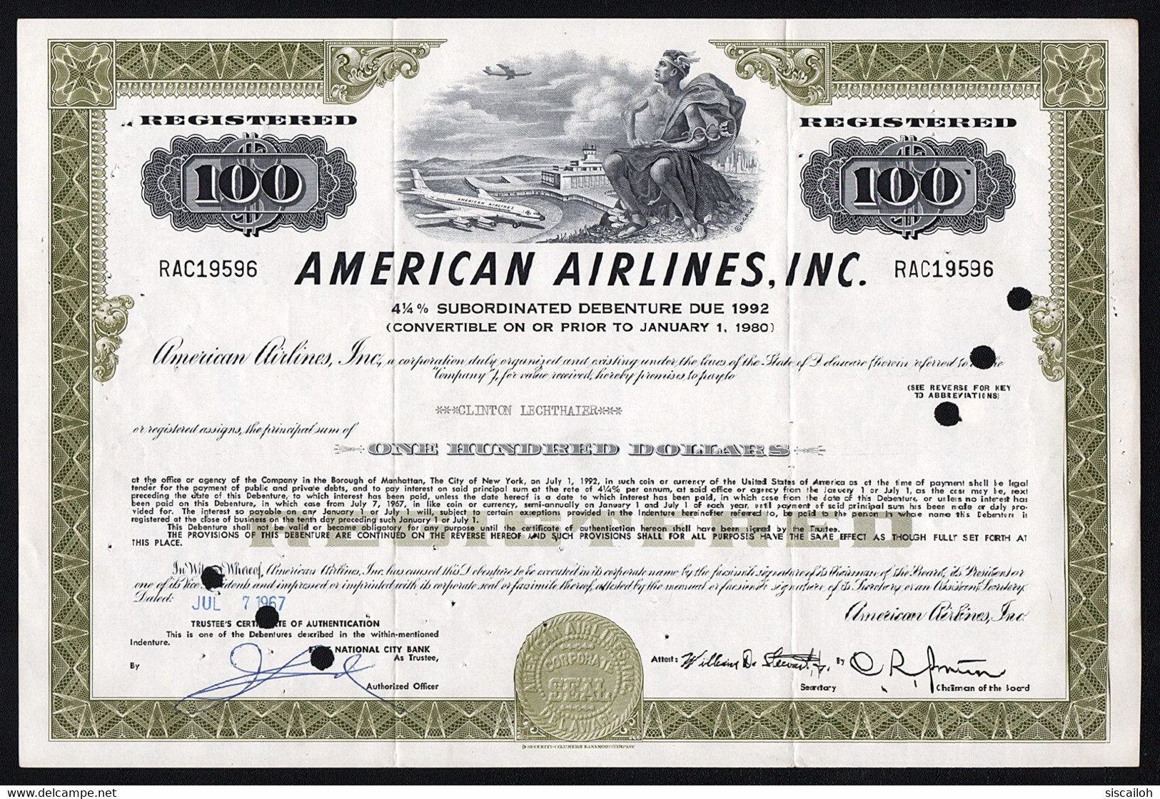 1967 American Airlines, Inc. - $100 Bond Certificate - Aviación