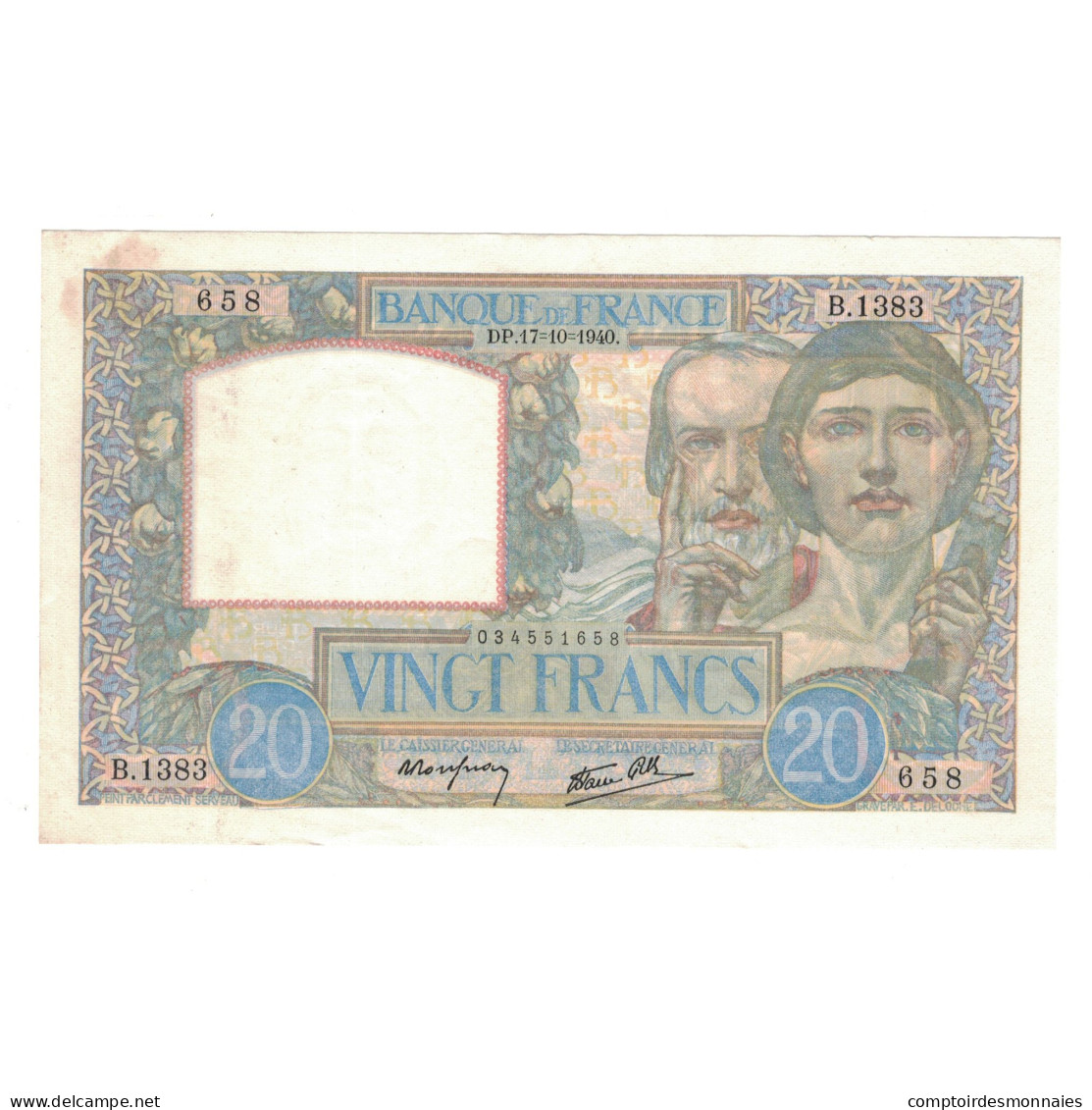 France, 20 Francs, Science Et Travail, 1940, B.1383, TTB+, Fayette:12.9, KM:92b - 20 F 1939-1942 ''Science Et Travail''