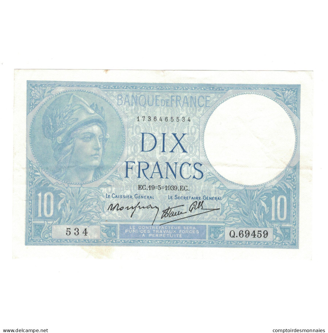 France, 10 Francs, Minerve, 1939, Q.69459, TTB+, Fayette:7.3, KM:84 - 10 F 1916-1942 ''Minerve''