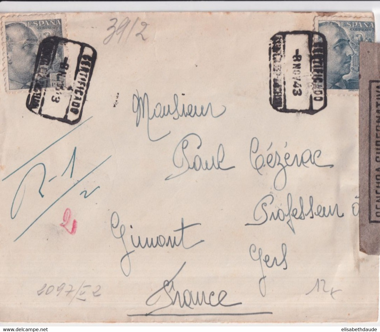 ESPAGNE - 1943 - ENVELOPPE RECOMMANDEE De BARCELONA Avec CENSURES => GIMONT (GERS) - Storia Postale