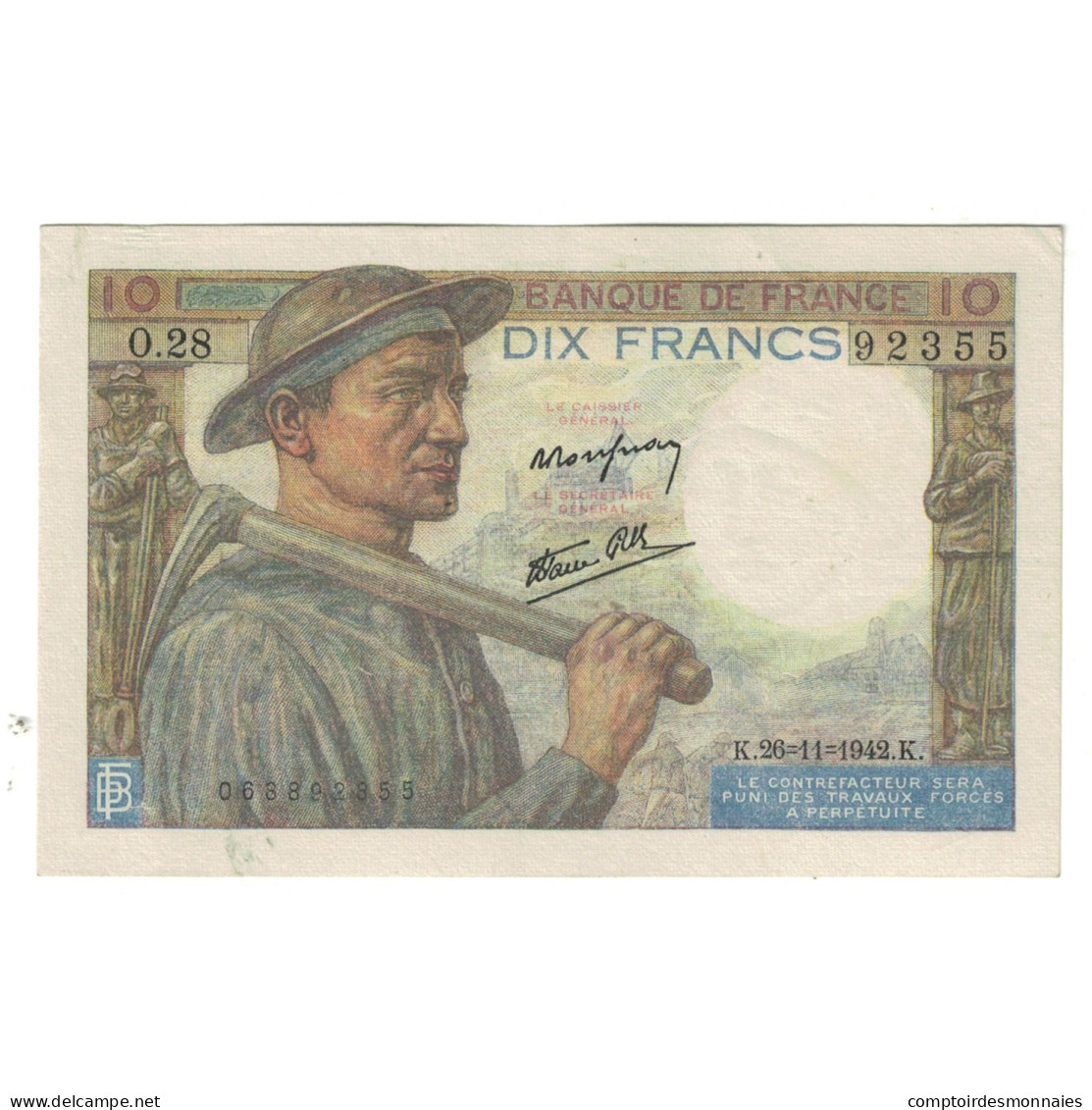 France, 10 Francs, Mineur, 1942, O.28, SUP, Fayette:8.6, KM:99c - 10 F 1941-1949 ''Mineur''