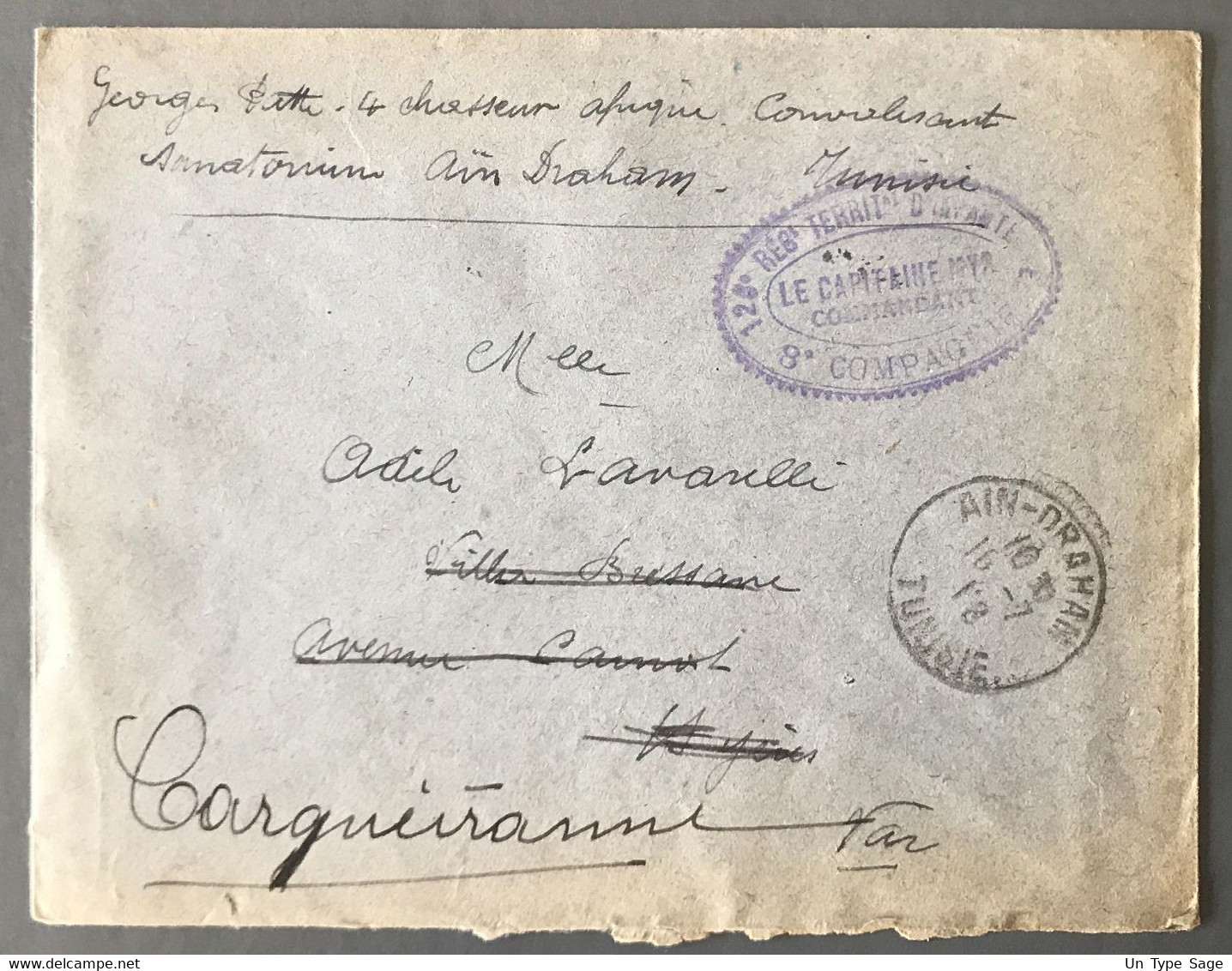 Tunisie, TAD AIN-DRAHAM 16.7.1918 Sur Enveloppe - (C2028) - Covers & Documents