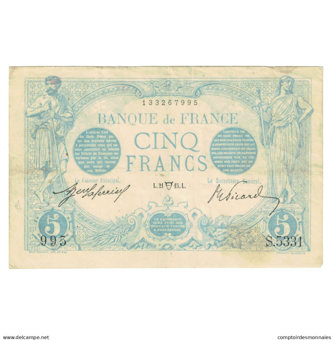 France, 5 Francs, Bleu, 1915, S.5331, TTB, Fayette:02.22, KM:70 - 5 F 1912-1917 ''Bleu''