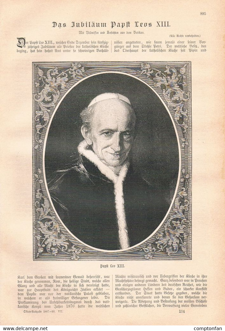 A102 1191 Papst Leo XIII. Jubiläum Vatikan Artikel / Bilder 1888 !! - Cristianismo