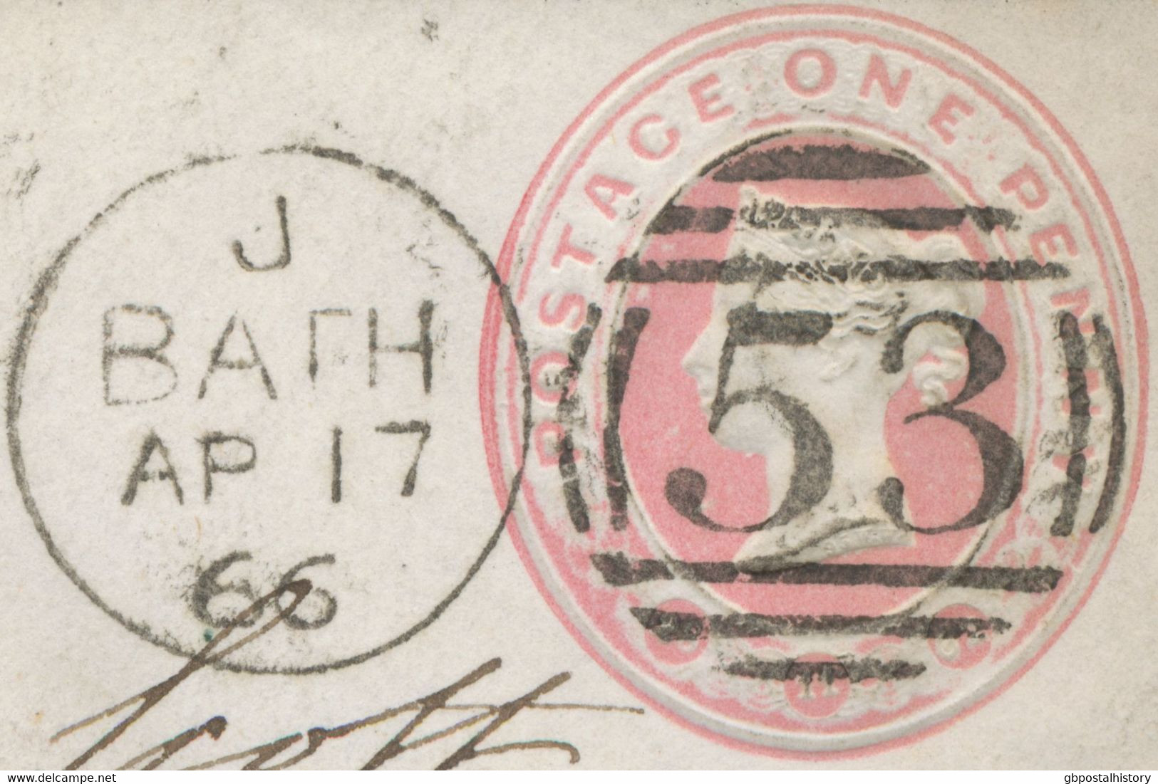 GB „53 / BATH“ Duplex Postmark On Superb Rare QV 1d Pink Stamped To Order Postal Stationery Envelope (size B, Dated 20 1 - Lettres & Documents