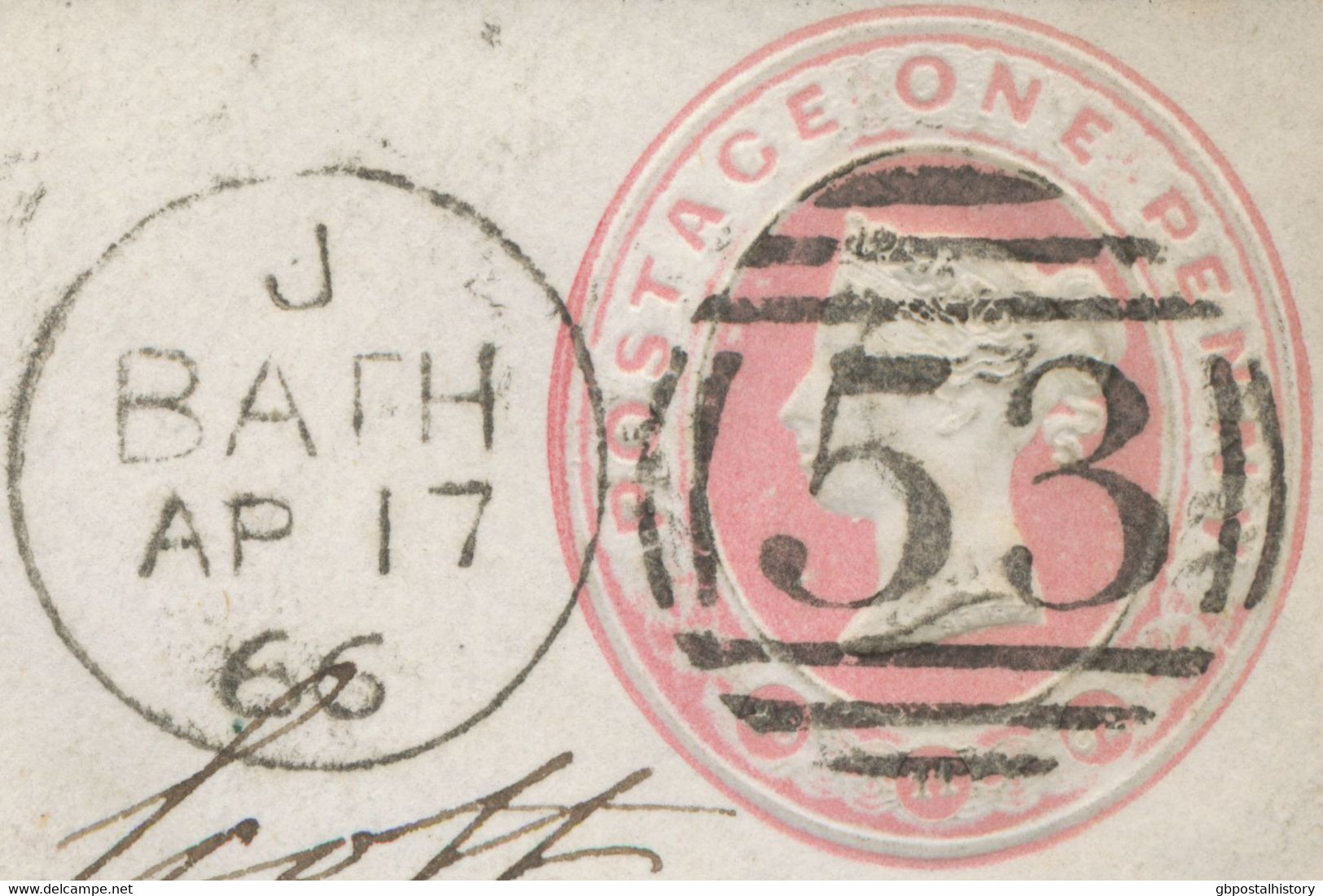 GB „53 / BATH“ Duplex Postmark On Superb Rare QV 1d Pink Stamped To Order Postal Stationery Envelope (size B, Dated 20 1 - Covers & Documents