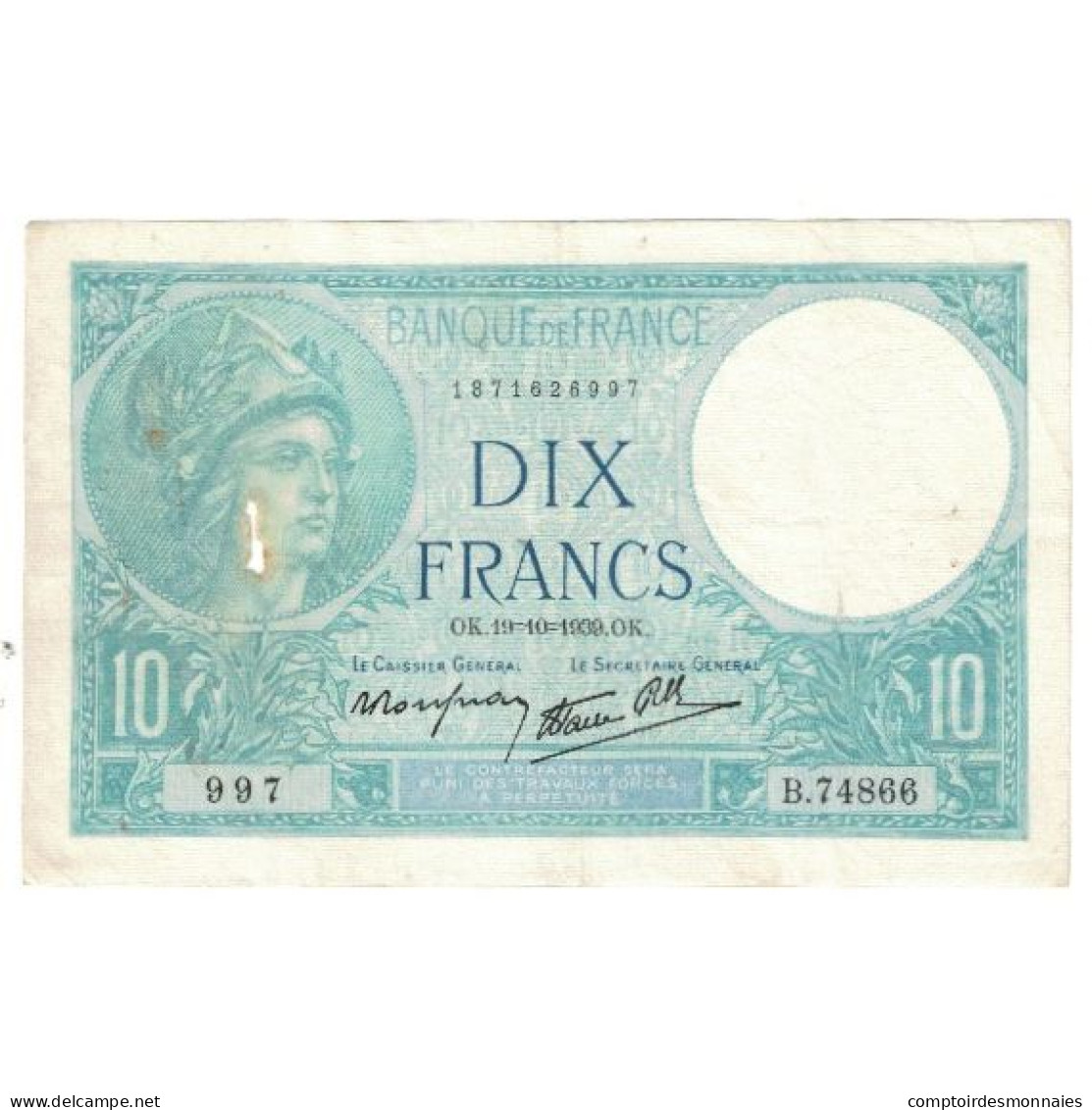 France, 10 Francs, Minerve, 1939, B.74866 997, TTB, Fayette:07.12, KM:84 - 10 F 1916-1942 ''Minerve''