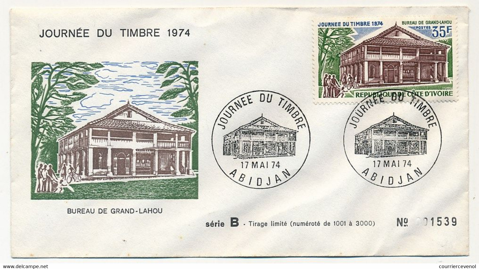 CÔTE D'IVOIRE - Env FDC - 35F Journée Du Timbre 1974 - Bureau De Grand-Lahou - 17 Mai 1974 - Abidjan - Costa De Marfil (1960-...)