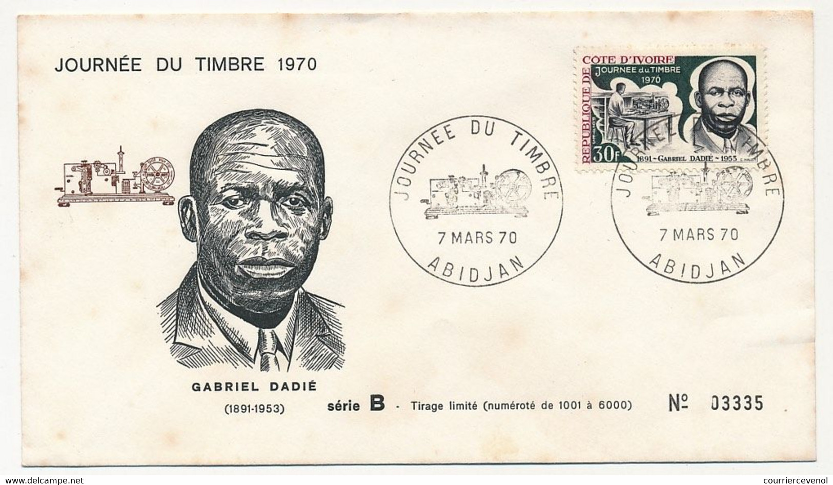 CÔTE D'IVOIRE - Env FDC - 30F Journée Du Timbre 1970 - Gabriel Dadié - 7 Mars 1970 - Abidjan - Costa De Marfil (1960-...)