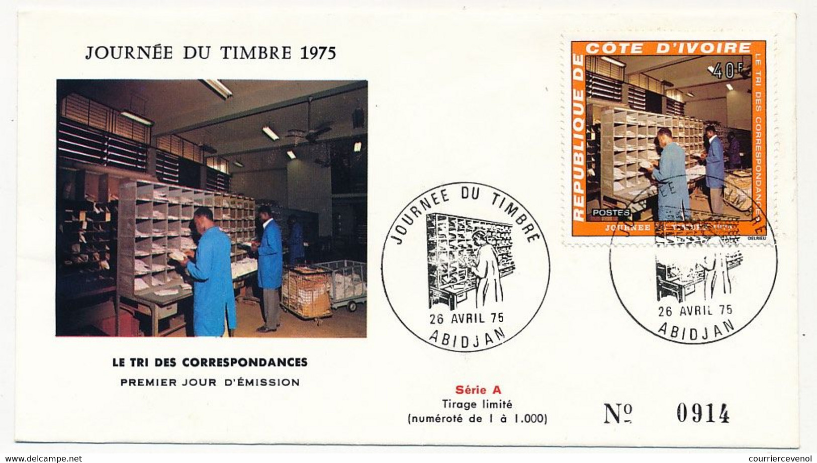 CÔTE D'IVOIRE - Env FDC - 40F Journée Du Timbre 1975 - Tri Des Correspondances - 26 Avril 1975 - Abidjan - Costa De Marfil (1960-...)