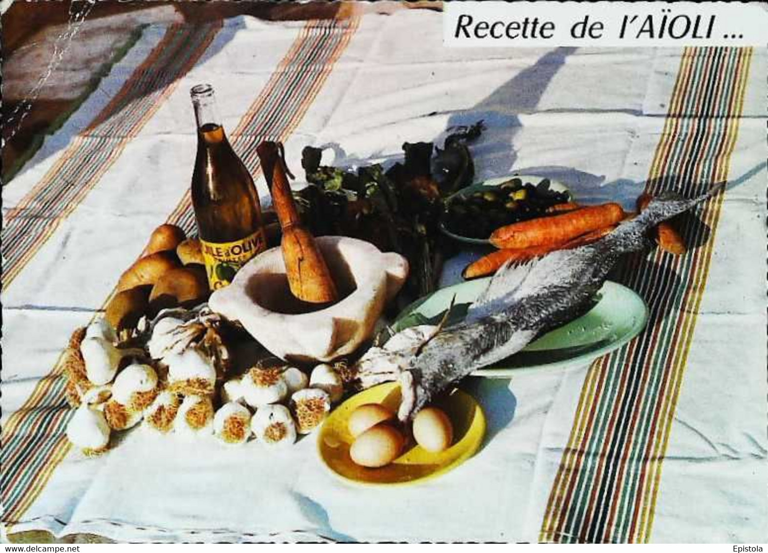 ►  CPSM Recette L'Aioli  Mortier Ail Poisson - Recettes (cuisine)