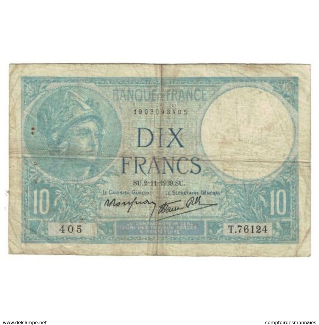 France, 10 Francs, Minerve, 1939, T.76124 405, TB, Fayette:7.14, KM:84 - 10 F 1916-1942 ''Minerve''