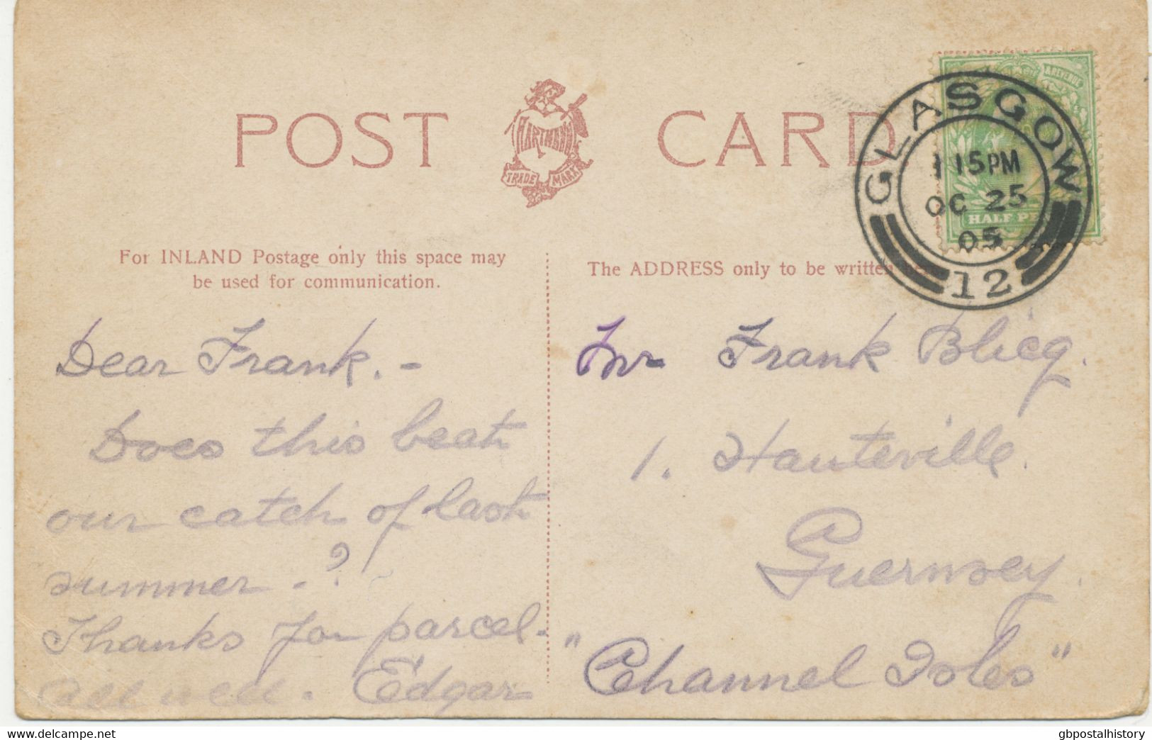 GB „GLASGOW / 12“ SCOTTISH DOUBLE CIRCLES (DOUBLE ARC TYPES 28mm) On Very Fine Postcard „Good Haul!!“ To GUERNSEY - Storia Postale