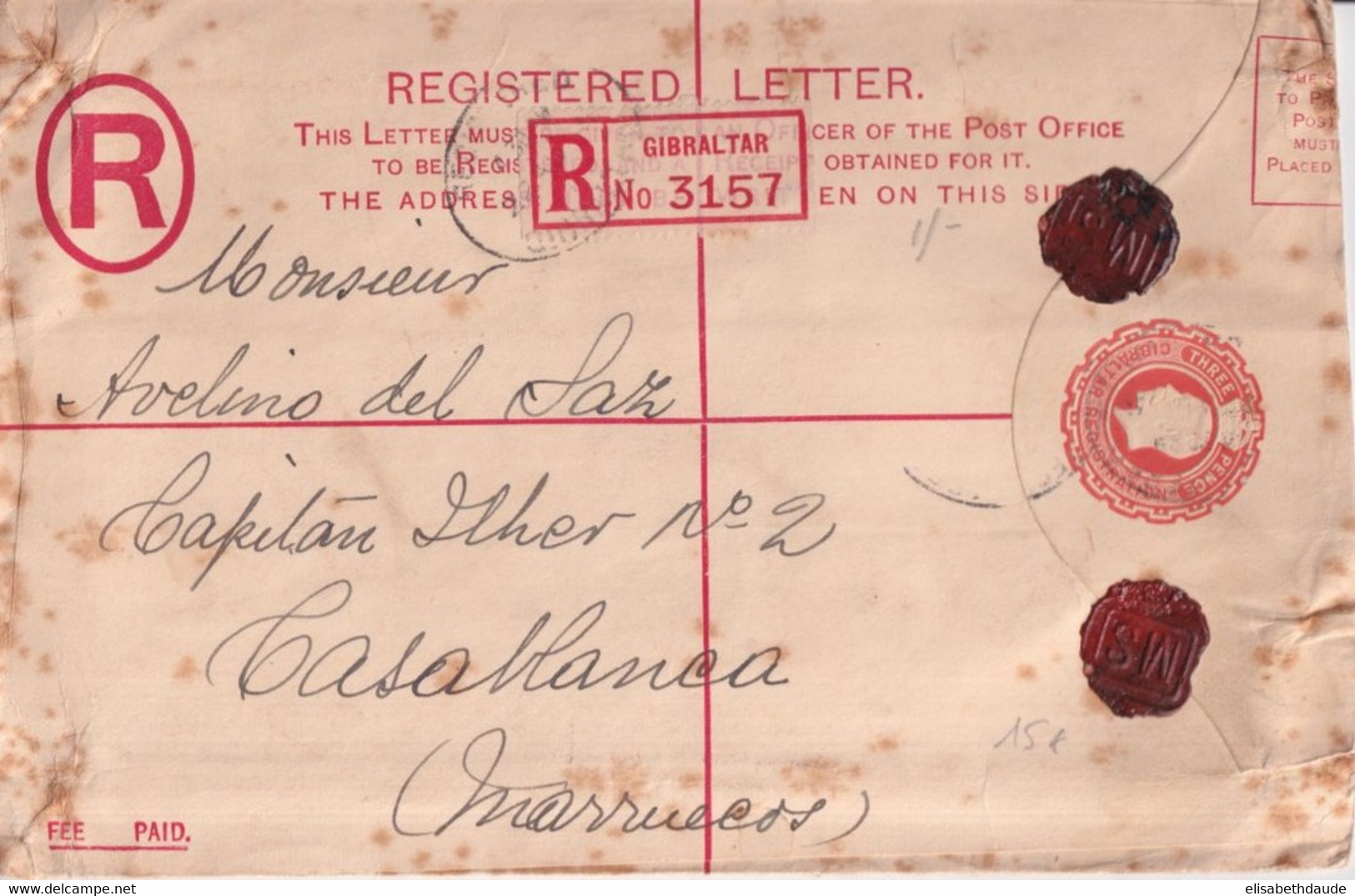 GIBRALTAR - 1935 - ENVELOPPE ENTIER POSTAL RECOMMANDEE => CASABLANCA (MAROC) - Gibraltar