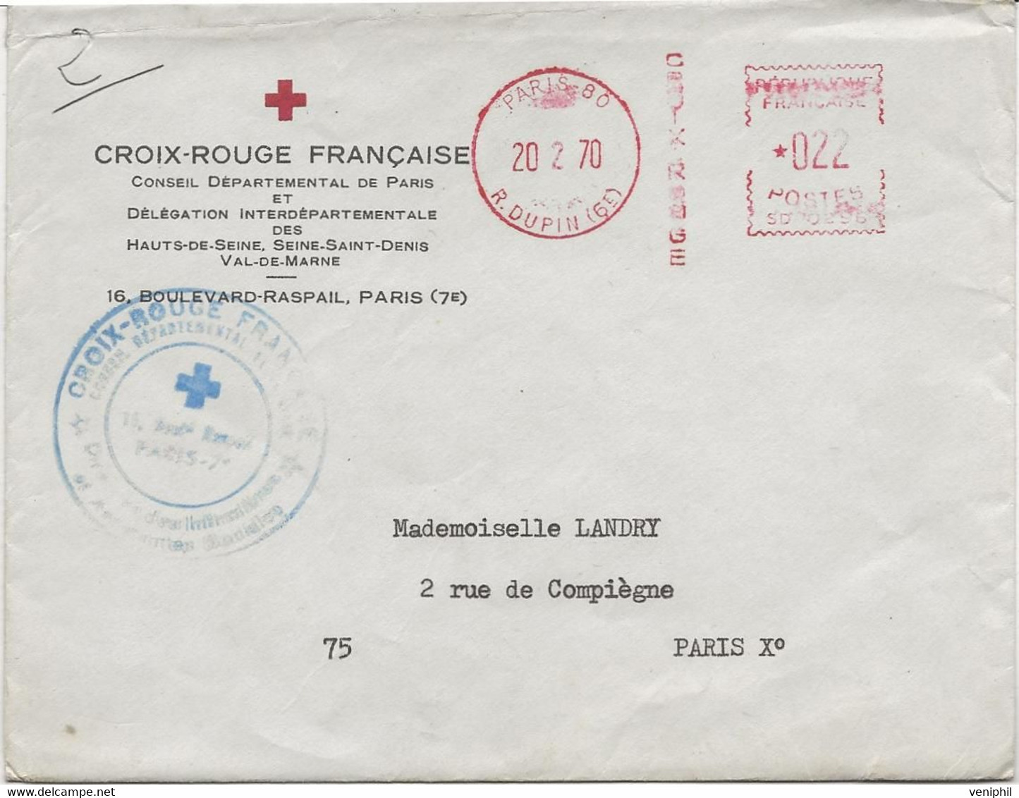 LETTRE ENTETE CROIX ROUGE -PARIS 7 E  -OBLITERATION 20-2-70- + CACHET MANUEL BLEU - - Red Cross