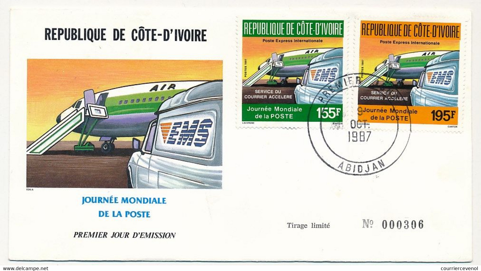 CÔTE D'IVOIRE - Env FDC - 2 Valeurs Journée Mondiale De La Poste - 9 Octobre 1987 - Abidjan - Ivory Coast (1960-...)