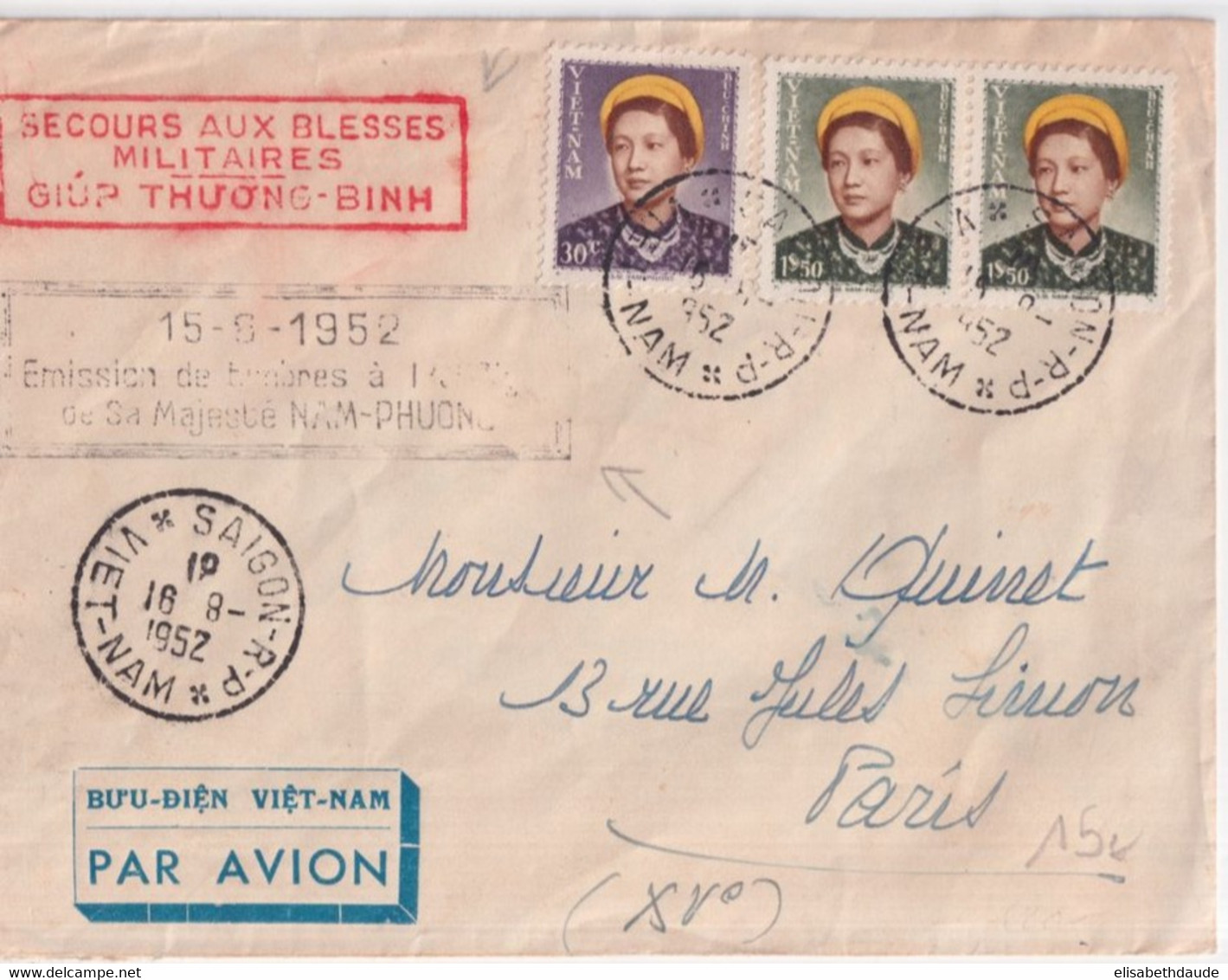 INDOCHINE / VIETNAM - 1952 - SECOURS AUX BLESSES MILITAIRES ! ENVELOPPE De SAÏGON => PARIS - Viêt-Nam