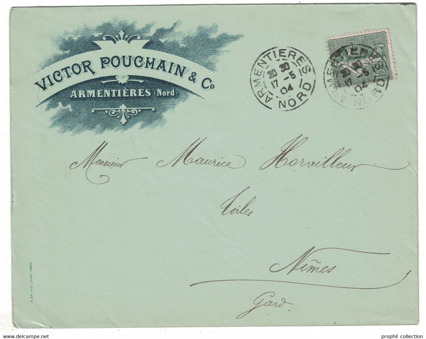 JOLIE ENVELOPPE ILLUSTRÉE " VICTOR POUCHMAIN & Co " ARMENTIERES (NORD) AFFRANCHIE SEMEUSE 130 Pour NIMES - 1877-1920: Periodo Semi Moderno