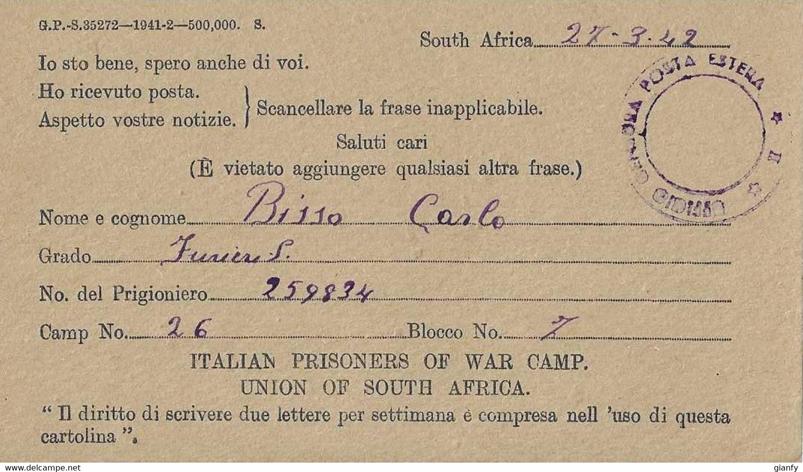 CAMPO PRIGIONIERI POW CAMP 26 SUD AFRICA ZONDERWATER 1942 CAMOGLI CATTURA - Posta Militare (PM)