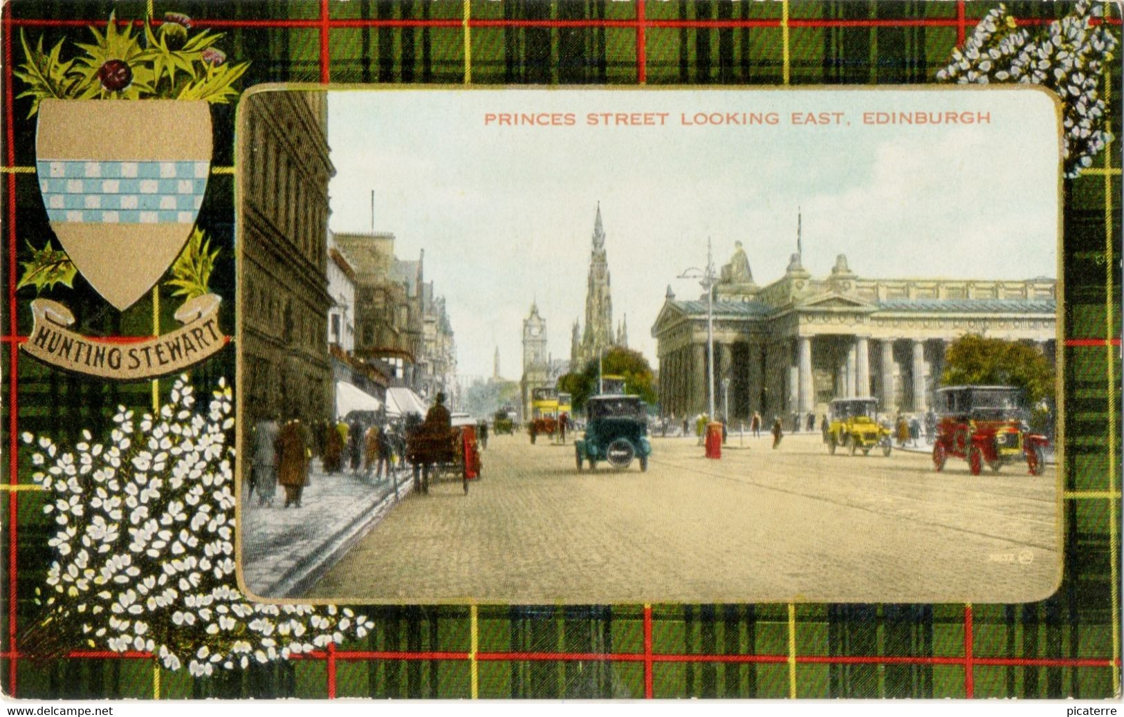 PRINCES STREET, EDINBURGH , Hunting Stewart Tartan, Clan -Crowded Street Scene- Cars, Buses,  Valentines Colourtone - Genealogy