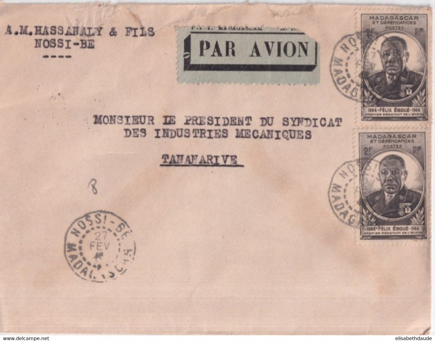 MADAGASCAR - 1946 - ENVELOPPE PAR AVION (AFFR. EBOUE !) De NOSSI-BE => TANANARIVE - Cartas & Documentos