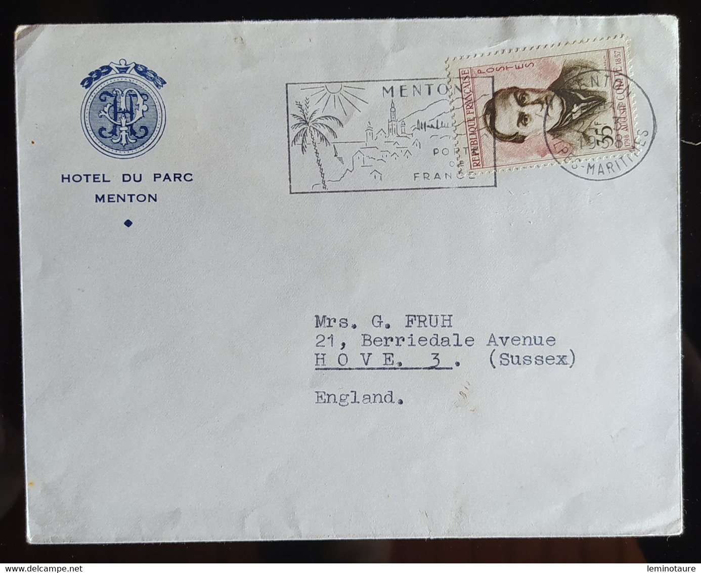 N° 1121 - 35F AUGUSTE COMTE / Lettre Hotel Du Parc MENTON 02.03.1958 >>> ANGLETERRE - Cartas & Documentos