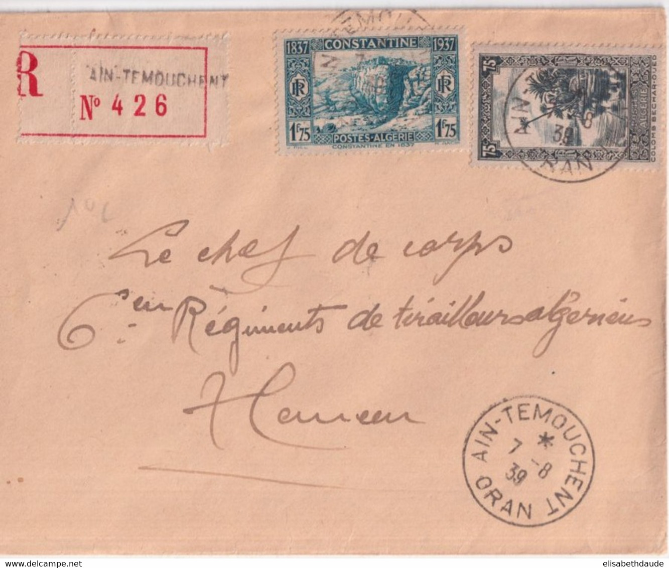 ALGERIE - 1939 - ENVELOPPE RECOMMANDEE De AÏN-TEMOUCHENT ! => TLEMCEN - Lettres & Documents