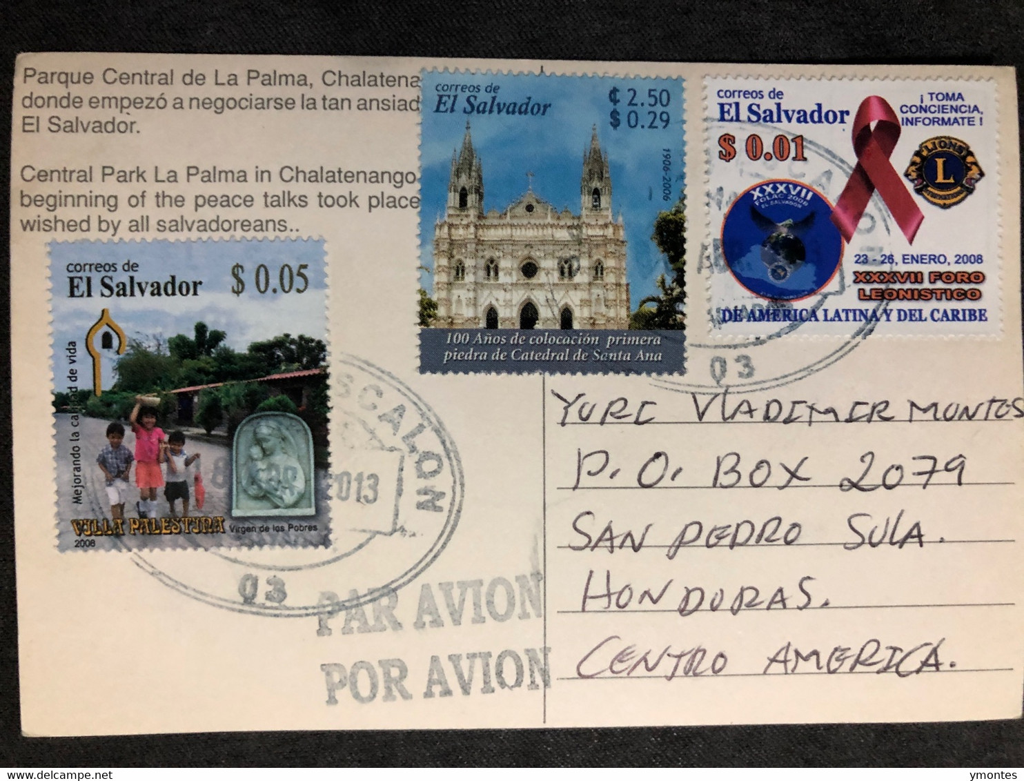 Postcard Central Park La Palma 2013 ( Lions Club And Palestine Ville Stamps) - El Salvador