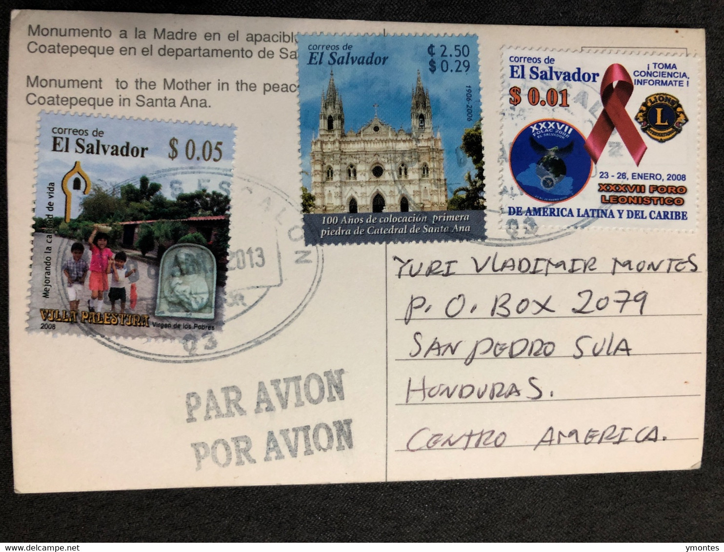 Postcard Mother Monument 2013 ( Church, Palestine Ville And Lions Club Stamps) - El Salvador