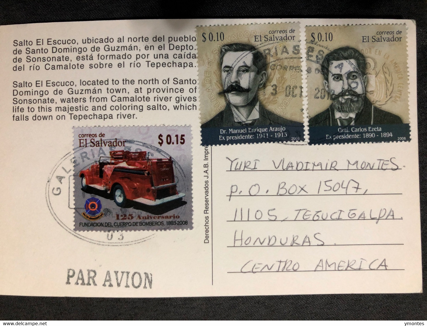 Postcard Saltó El Escuco In Sonsonate 2013( Firefighter Stamps) - El Salvador
