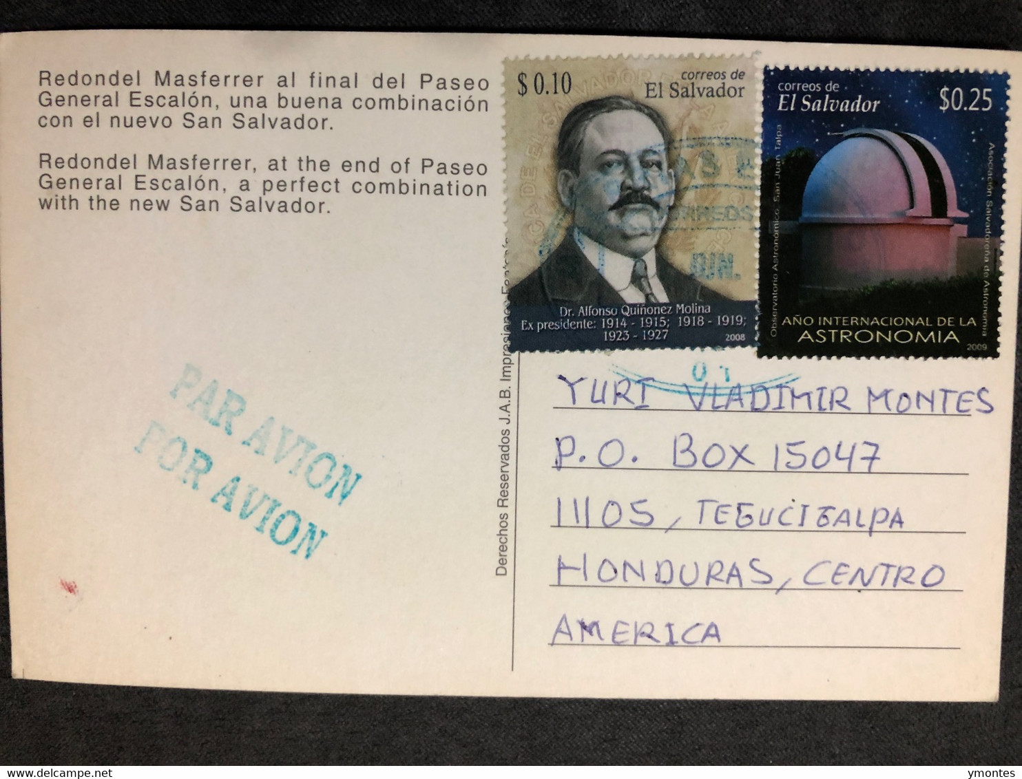 Postcard Redondel Masferrer 2013 ( Astronomy Stamps ) - El Salvador