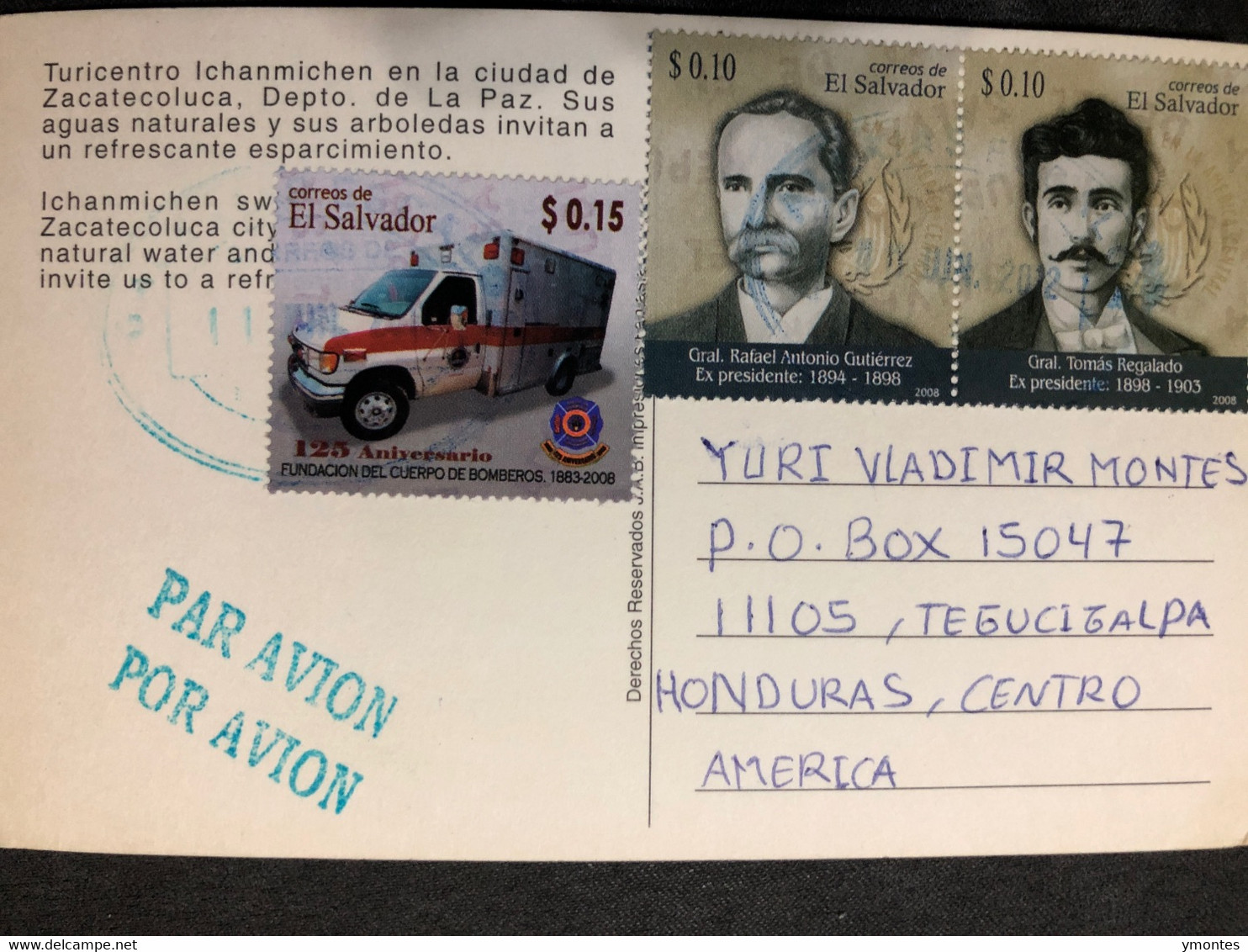 Postcard Ichanmichen In Zacatecoluca 2013 ( Firefighter Car Stamp) - El Salvador