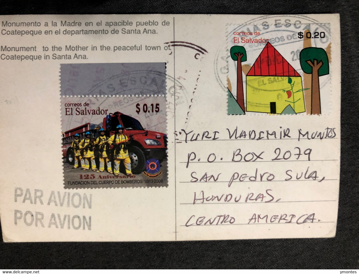 Postcard Mother Monument 2013 ( Firefighter Car Stamps - El Salvador
