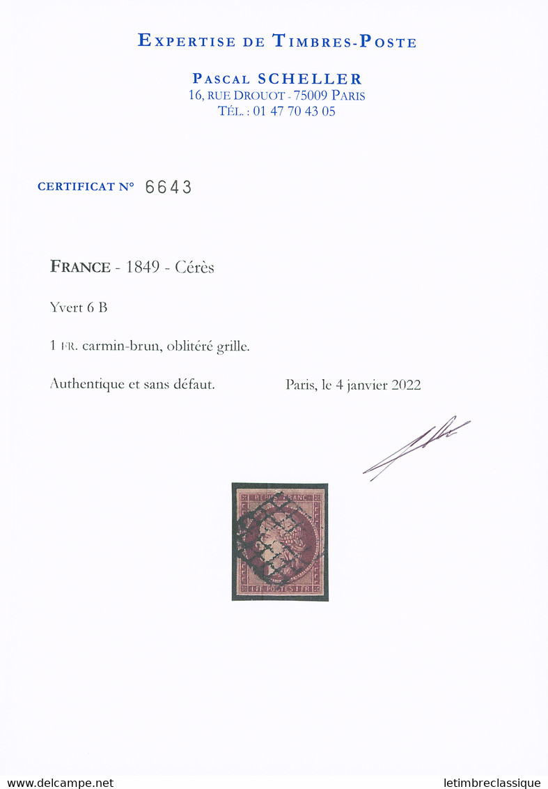 Obl N°6B 1f Carmin-brun, Bien Margé, Obl. Grille, TTB. Cert. Scheller - 1849-1850 Cérès