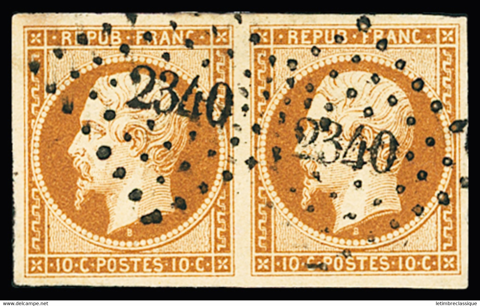 Obl N°9a 10c. Bistre-brun En Paire Obl. PC 2340 D'Orléans (Loiret), TTB. Signé A. Brun, Calves - 1852 Louis-Napoleon