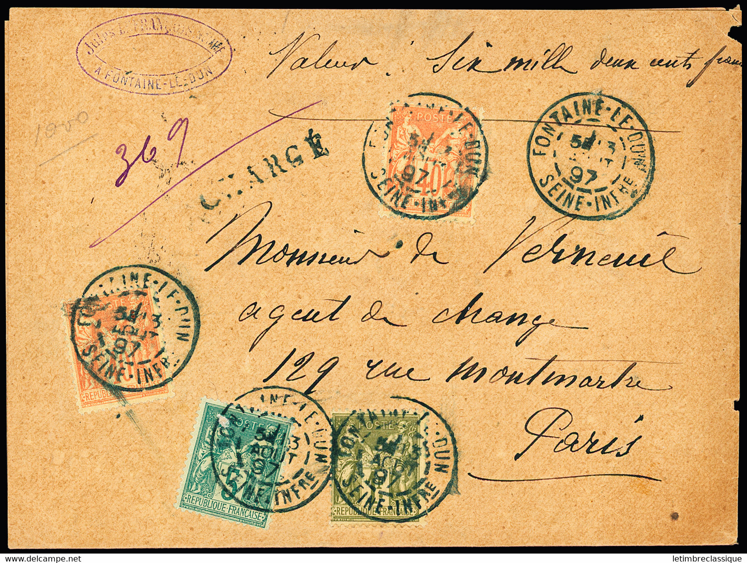 Lettre N°75 + 82 + 94, 2 Pièces OBL CAD "Fontaine-le-Dun Seine Infre" (1897) Sur Lettre Chargée (VD 6200F). TB - 1876-1898 Sage (Type II)