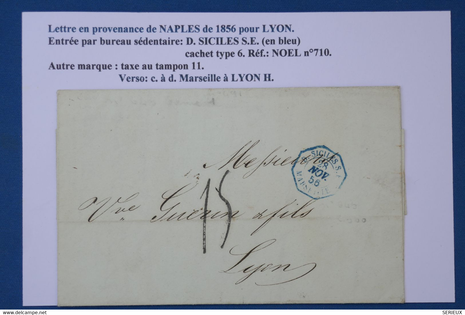 AW10 ITALIA  DEUX SICILES BELLE LETTRE  1856 MESSINA  POUR LYON  VIA MARSEILLE FRANCIA  ++C. BLEU +AFFR. INTERESSANT. - Sicilia