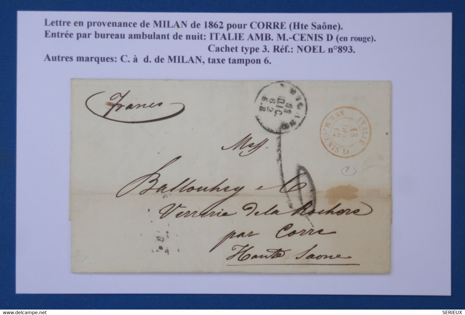 AW10 ITALIA  LOMBARDIE BELLE LETTRE  1862 MILANO POUR CORRE  FRANCIA  ++C.ROUGE +AFFR. INTERESSANT. - Sicile