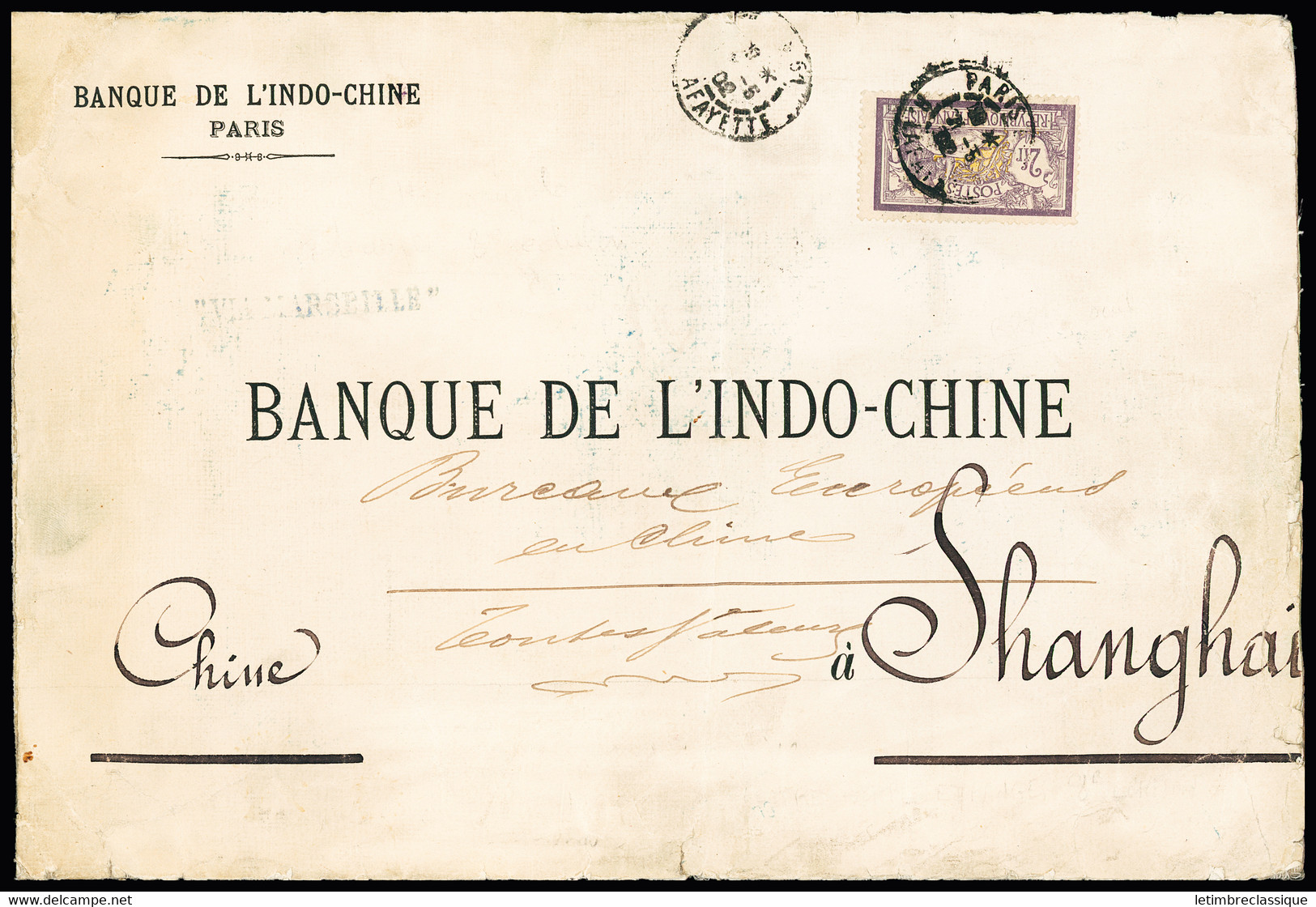 Lettre N°122, 2F Merson Violet Et Jaune, OBL Paris 51 R. Lafayette (1902) Sur Grande Lettre De La Banque De L'Indochine  - 1877-1920: Semi Modern Period