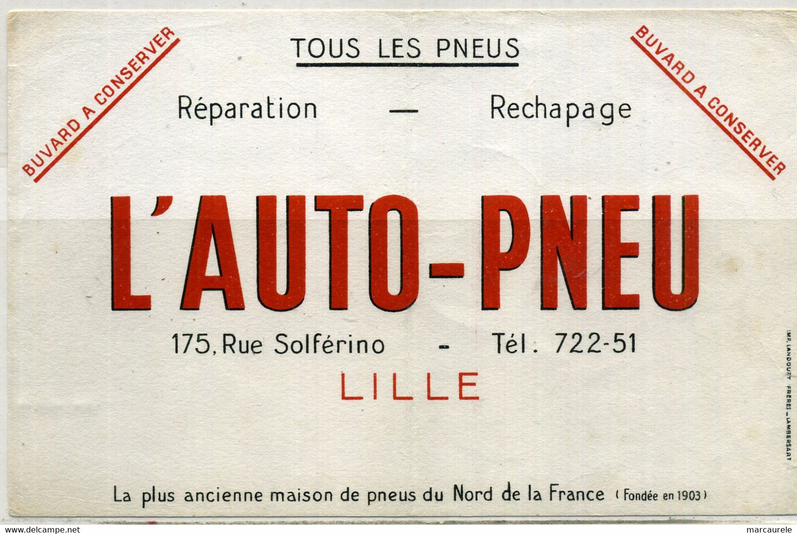 Buvard L'Auto-Pneu Lille, Pneus Du Nord - Automotive