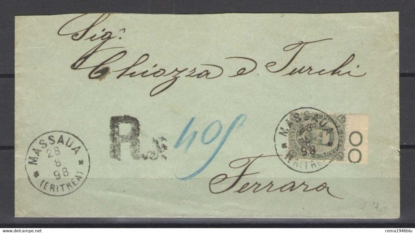 ERITREA 1893 45 C. ISOLATO SU BUSTA VIAGGIATA R/R  DA MASSAUA A FERRARA - Eritrea