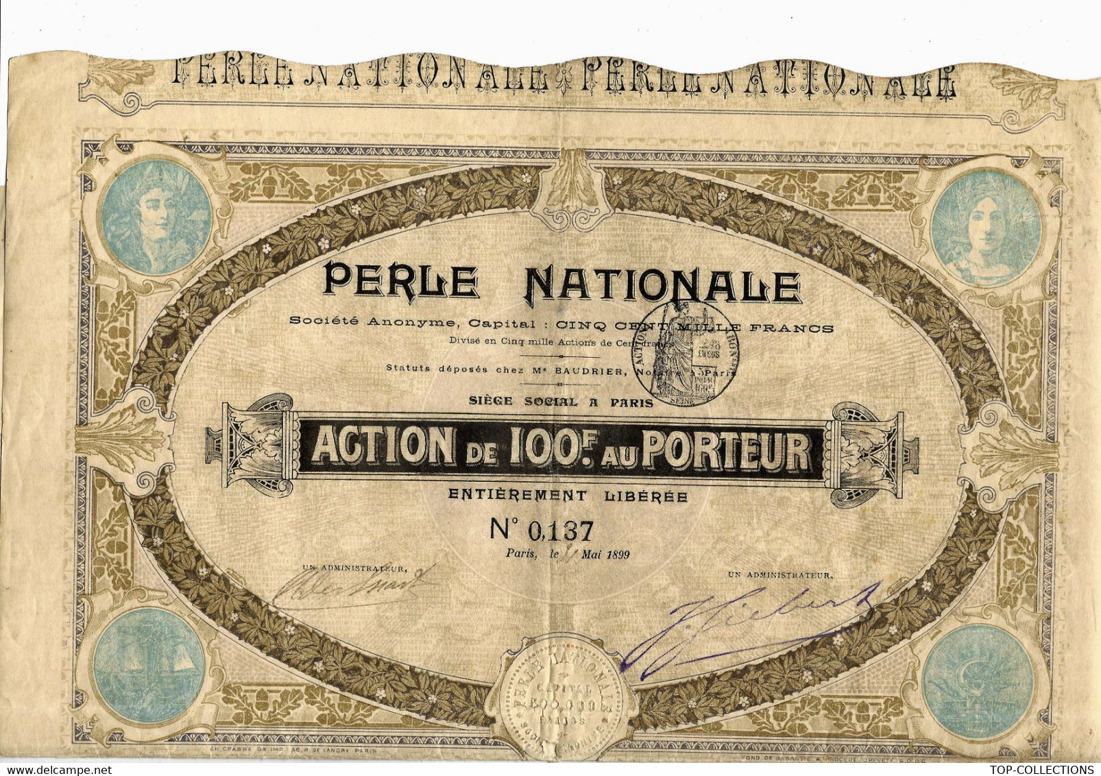 1899 ACTION PERLE NATIONALE PARIS TOUS COUPONS PRESENTS  VOIR SCANS+ COTATION - Industrial