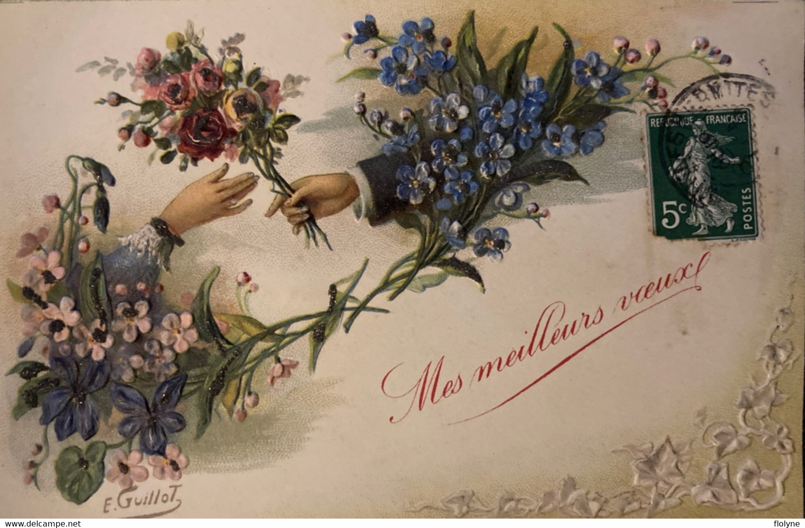 Fête - Mes Meilleurs Vœux - Cpa Fantaisie Illustrateur E. GUILLOT - Fleurs Flowers - Gaufrée Embossed - New Year