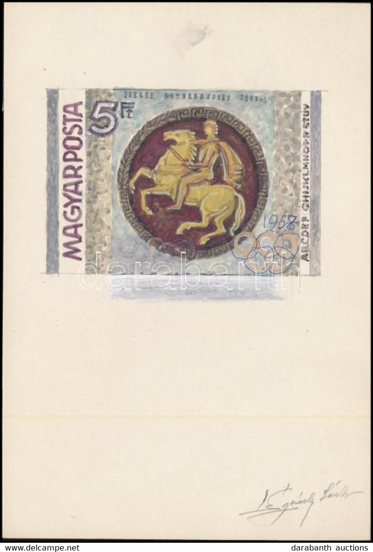 1960 Légrády Sándor Grafikus Bélyegterve Olimpia 5Ft Bélyegéhez, Aláírással. Képméret: 105x70 Mm - Other & Unclassified