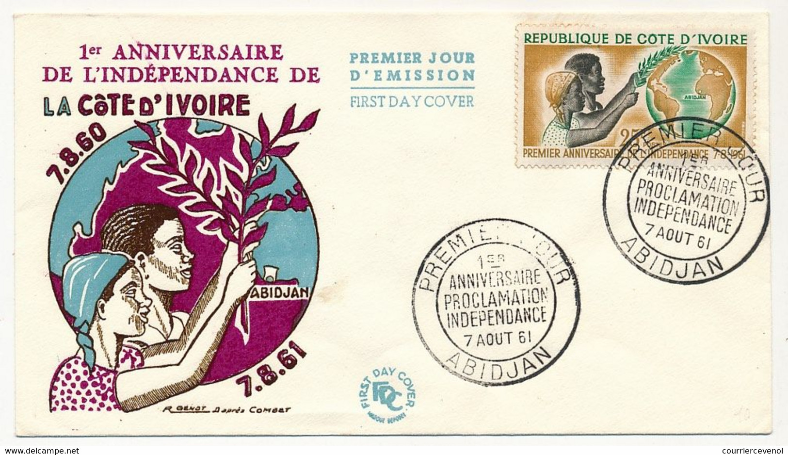 CÔTE D'IVOIRE - Env FDC - 25F 1er Anniversaire Proclamation De L'Indépendance - 7 Aout 1961 - Abidjan - Ivory Coast (1960-...)