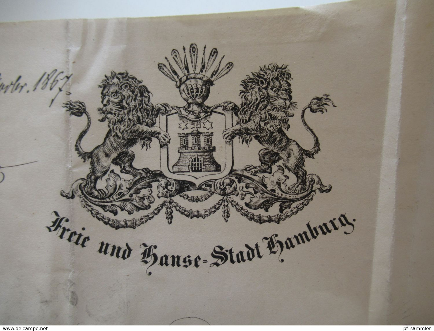 Altdeutschland Hamburg 1867 gedruckter Brief und Papiersiegel Die Polizei Behörde 2x verschiedene Stempel K2 Hamburg