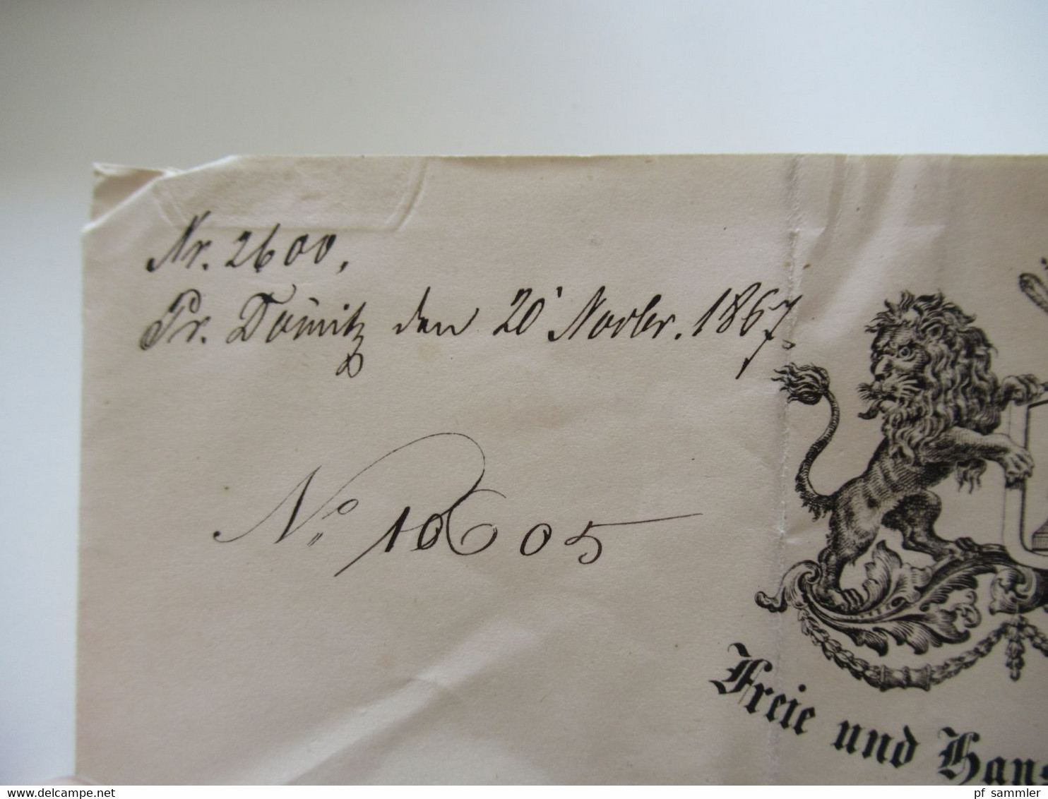 Altdeutschland Hamburg 1867 gedruckter Brief und Papiersiegel Die Polizei Behörde 2x verschiedene Stempel K2 Hamburg