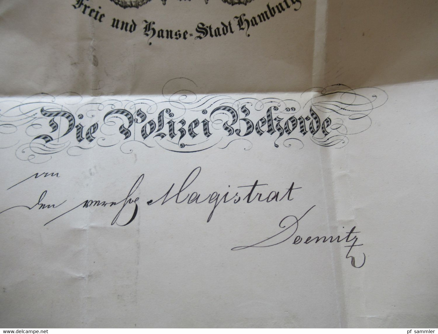 Altdeutschland Hamburg 1867 gedruckter Brief und Papiersiegel Die Polizei Behörde 2x verschiedene Stempel K2 Hamburg