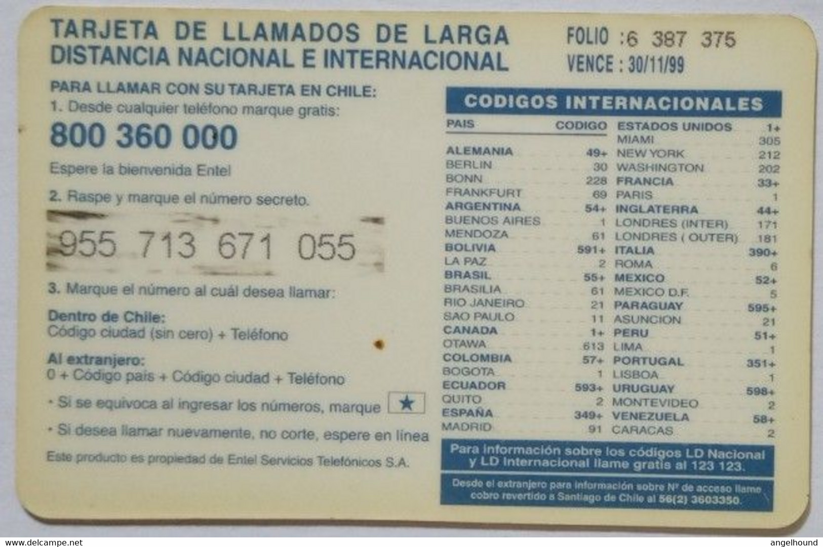 Chile  Entel  " Torre Y Lago $1000 On Front " - Chili